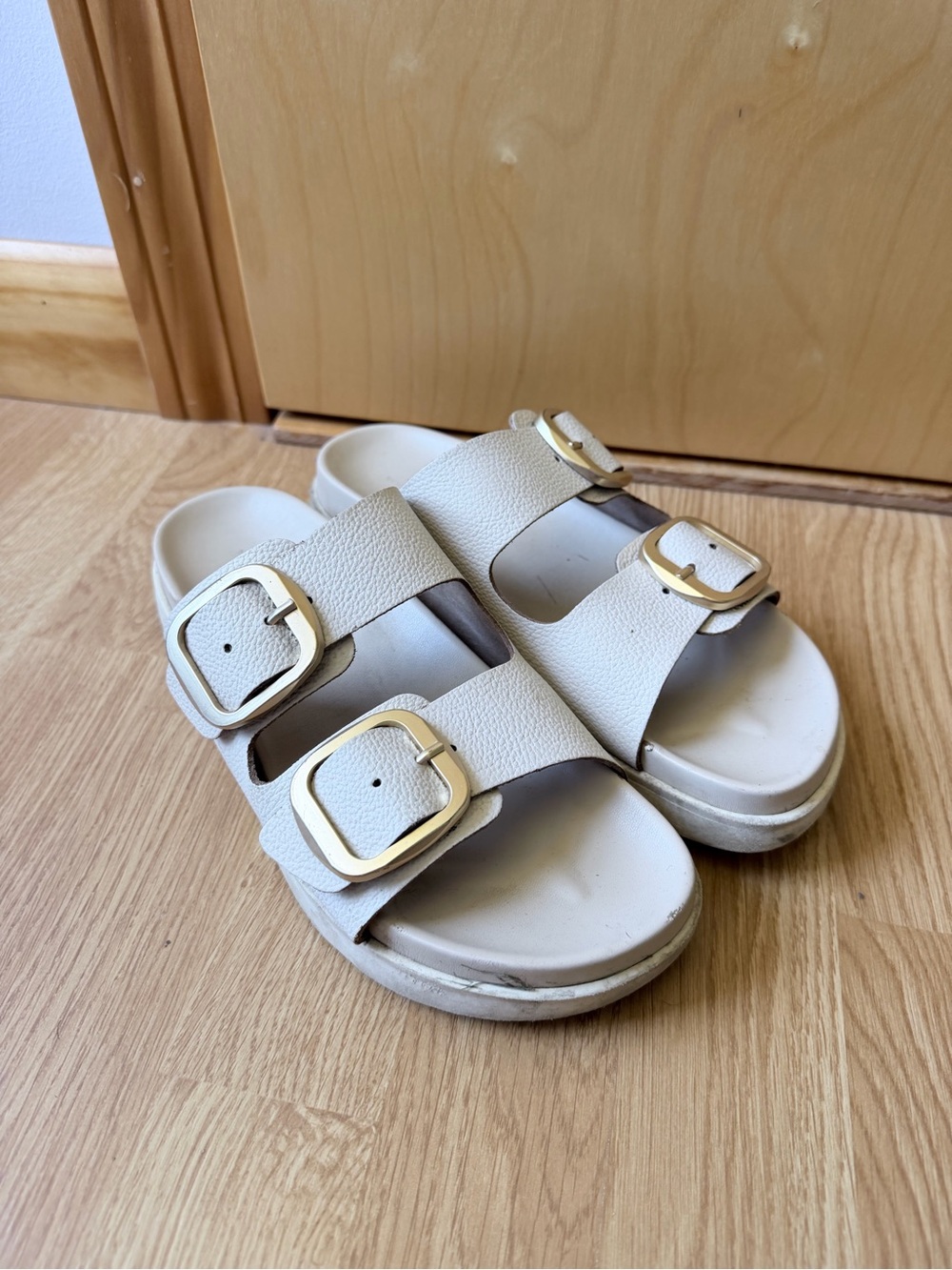 White Double-Buckle Slide Sandals